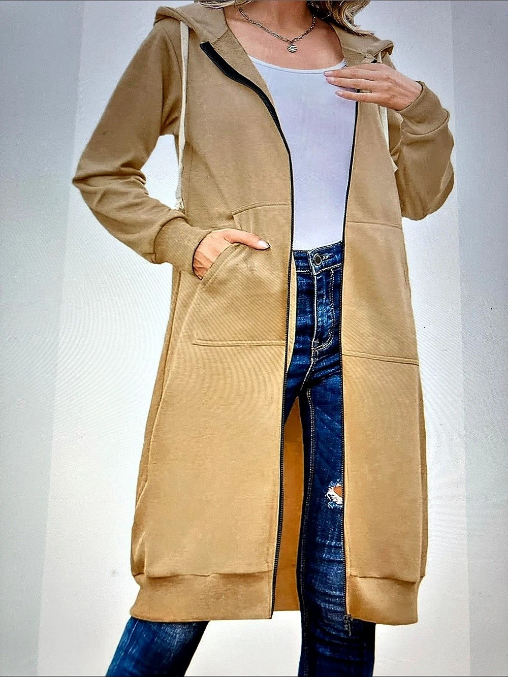 Cyrus Hooded Zip Cardigan in Brown pockets
